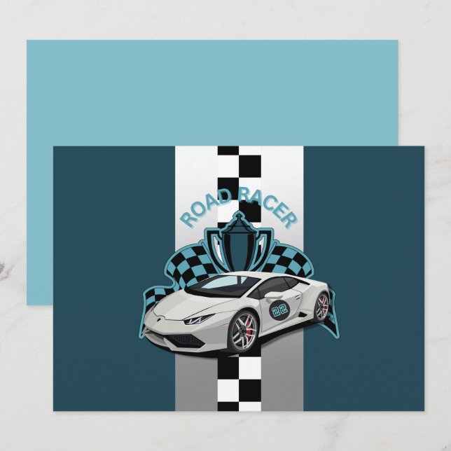 Invitation Voiture de course vert, noir et blanc anniversaire (Devant / Derrière)