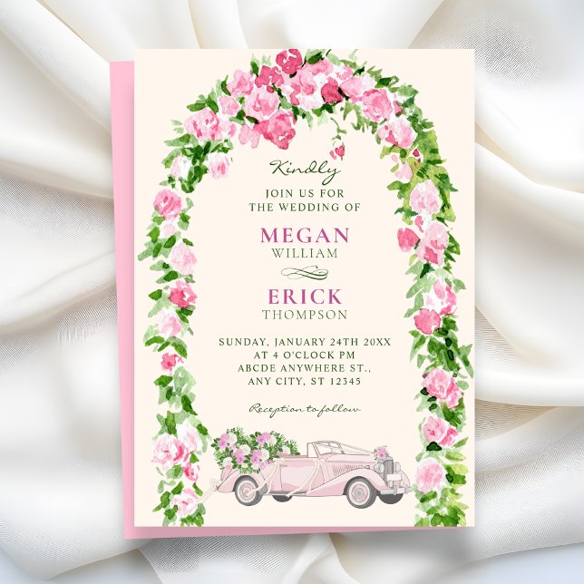 Invitation Voiture de mariage florale à l'aquarelle (Créateur téléchargé)