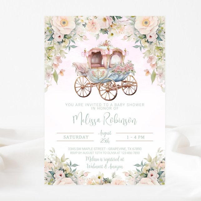 Invitation Voiture de Princesse de Conte de Fées Fille Aquare (Beautiful fairytale princess carriage baby shower invitation. Simply add your event details.)