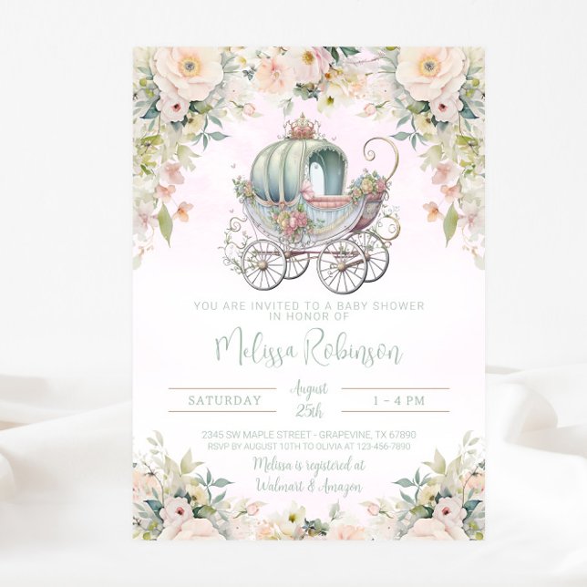 Invitation Voiture de princesse de conte de fées fille aquare (Beautiful fairytale baby carriage invitation. Simply add your event details. )