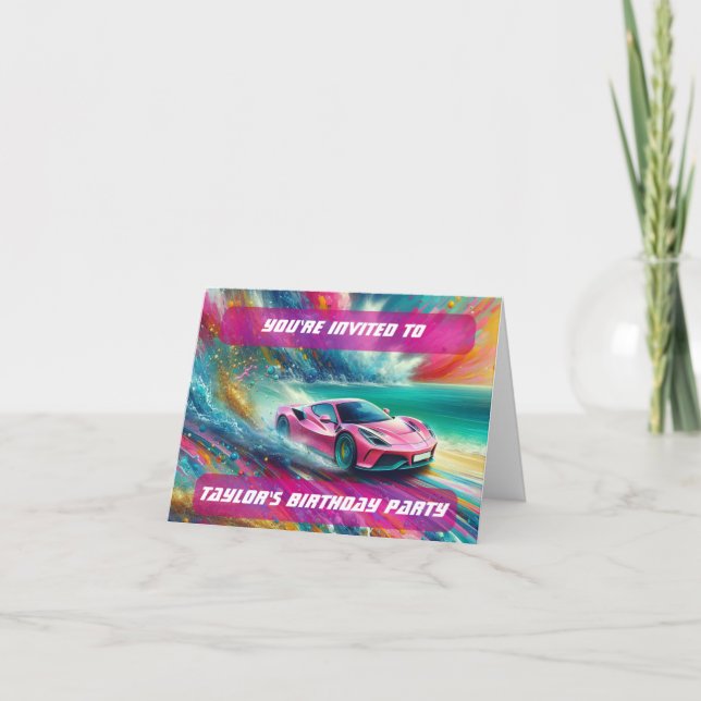 Invitation Voiture de sport rose vibrant sur une plage tropic (Devant)
