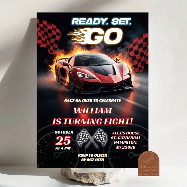 Invitation Voiture de sport rouge de course Garçon d'annivers (Créateur téléchargé)