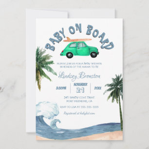 Invitation Voiture de surf Cocout Tree Blue Beach Baby shower
