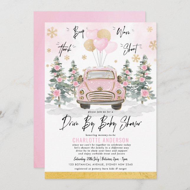 Invitation Voiture D'Hiver Par Baby shower Pink Gold Floral C (Devant / Derrière)