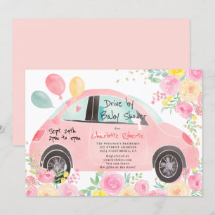 Invitation Voiture d'or rose floral mignonne par baby shower