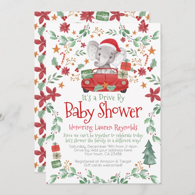 Invitation Voiture éléphante de Noël par Baby shower Invitati (Devant / Derrière)