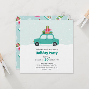Invitation Voiture fantaisiste avec cadeaux de Noël en turquo