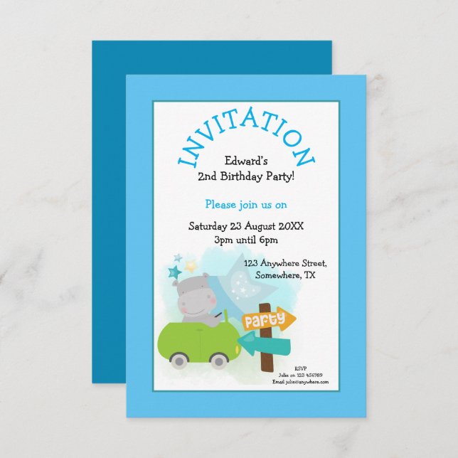 Invitation Voiture Hippo mignonne Bleu fête d'anniversaire (Devant / Derrière)