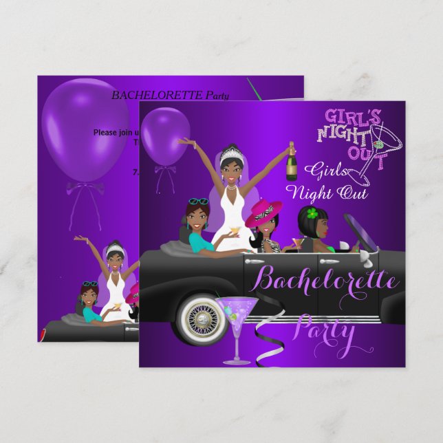 Invitation Voiture limousine violette pour fête de Bacheloret (Devant / Derrière)