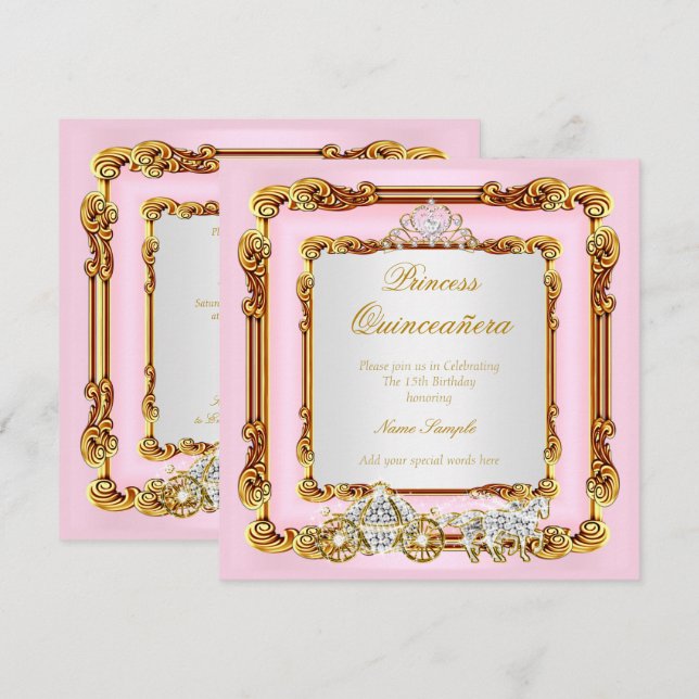 Invitation Voiture Magique Quinceanera Pink Gold (Devant / Derrière)