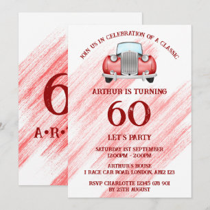 Invitation Voiture rétro classique rouge aquarelle vintage