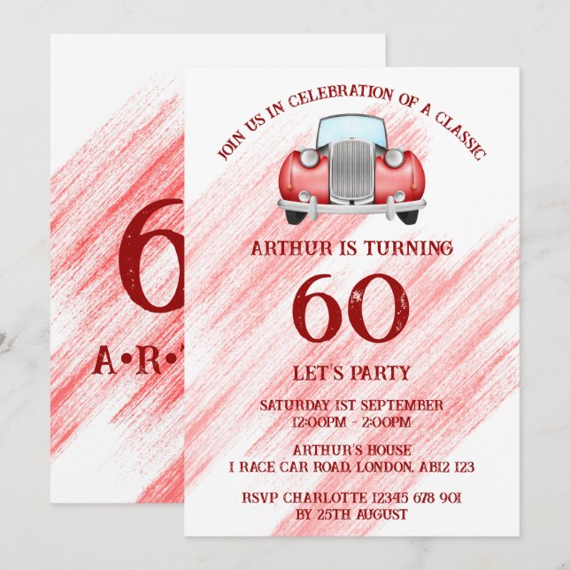 Invitation Voiture rétro classique rouge vintage aquarelle (Devant / Derrière)