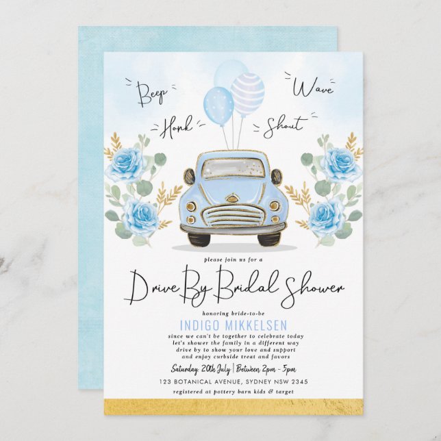 Invitation Voiture Rétro Dusty Blue Floral En Fête des mariée (Devant / Derrière)