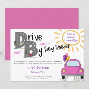 Invitation Voiture rose Baby shower et ballons