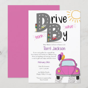 Invitation Voiture rose Baby shower pour fille