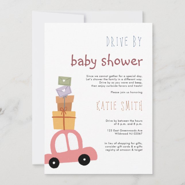 Invitation Voiture rose mignonne avec cadeaux Drive par Baby  (Devant)
