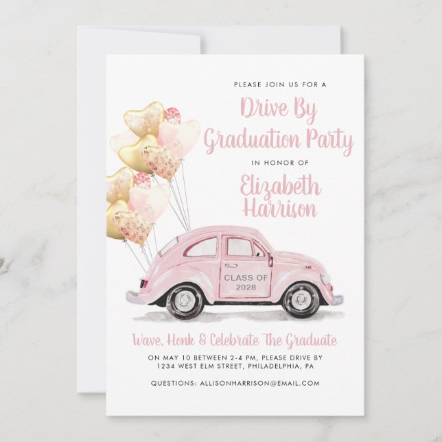Invitation Voiture Rose Par Partie De Graduation (Devant)