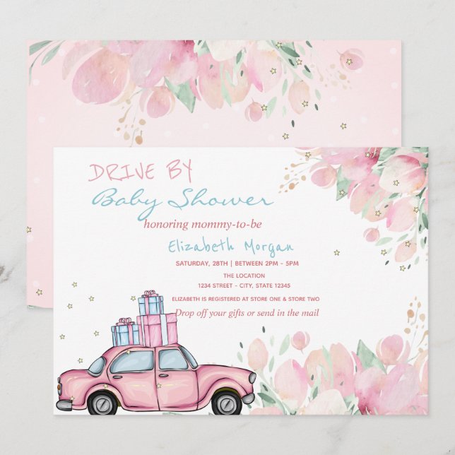Invitation Voiture Rose Présente Fleurs Arrosage Bébé Douche (Devant / Derrière)