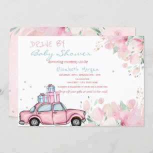 Invitation Voiture Rose Présente Fleurs Conduite Par Baby sho