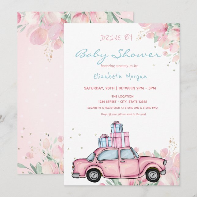 Invitation Voiture Rose présente Floral Drive Par Baby shower (Devant / Derrière)