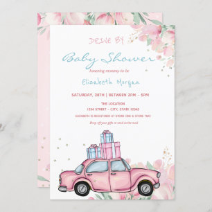 Invitation Voiture Rose présente Floral Drive Par Baby shower