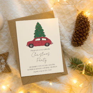 Invitation Voiture rouge avec arbre de Noël   Vintage minimal