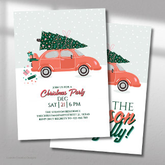Invitation Voiture rouge festive avec un arbre sur le dessus