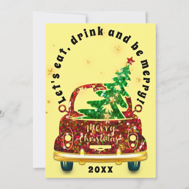 Invitation Voiture Rouge Noël Brunch Dîner Arbre Or Jaune (Dos)