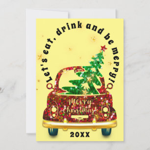 Invitation Voiture Rouge Noël Brunch Dîner Arbre Or Jaune