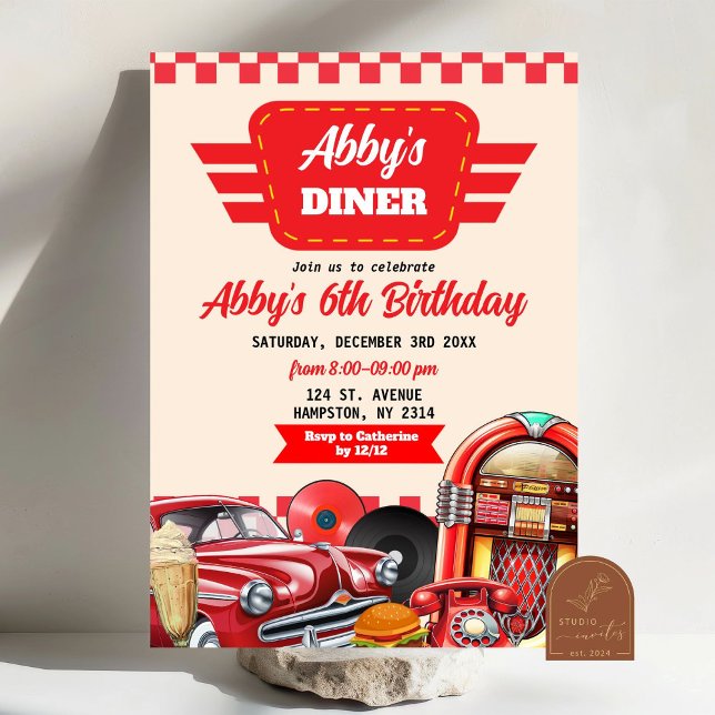 Invitation Voiture Rouge Rétro Soirée Diner des Années 50 (Créateur téléchargé)