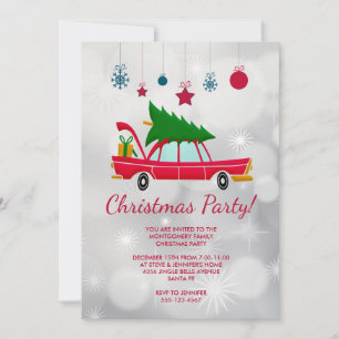 Invitation Voiture rouge rétro transportant une fête de l'arb