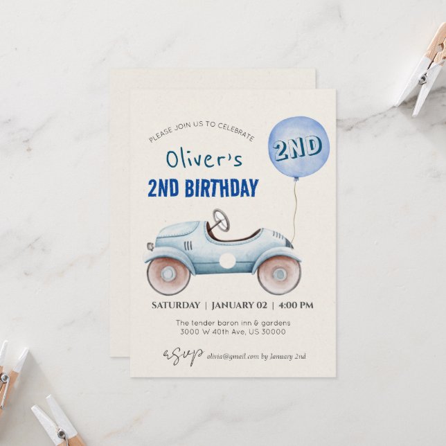 Invitation Voiture thème garçon deuxième anniversaire (Devant/Arrière en situation)