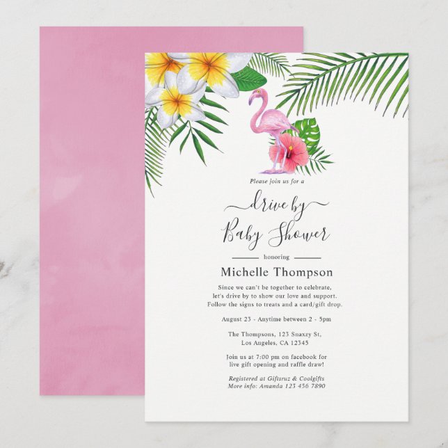 Invitation Voiture Tropicale Flamant rose Rose Par Douche (Devant / Derrière)