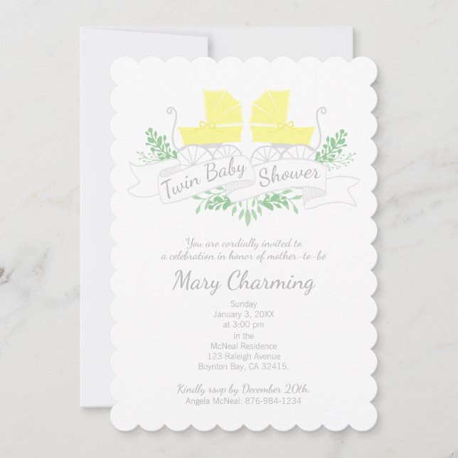 Invitation Voiture vintage BABY SHOWER jaune pram (Devant)