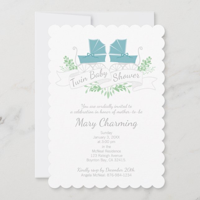 Invitation Voiture vintage BABY SHOWER jumeau bleu pram (Devant)