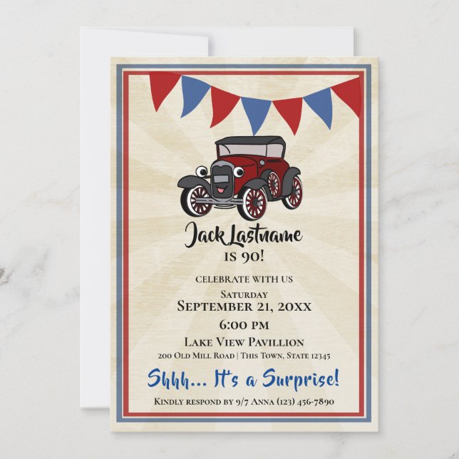 Invitation Voiture Vintage et Bund'Surprise Anniversaire (Devant)