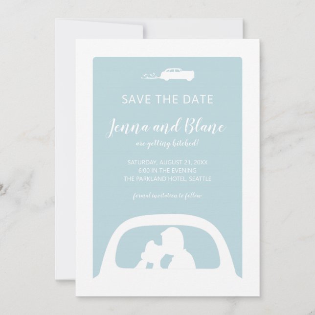 Invitation Voiture Vintage et jeunes mariés qui s'embrassent  (Devant)