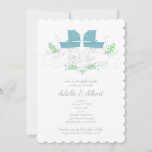 Invitation Voiture vintage jumeaux SIP & VOIR pram bleu