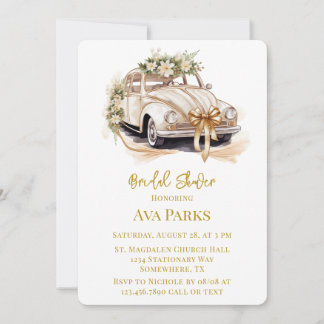 Invitation Voiture Vintage Or Blanc et Fête des mariées Flora