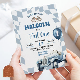 Invitation Voiture vintage Retro Blue Race Fast Un 1er Annive