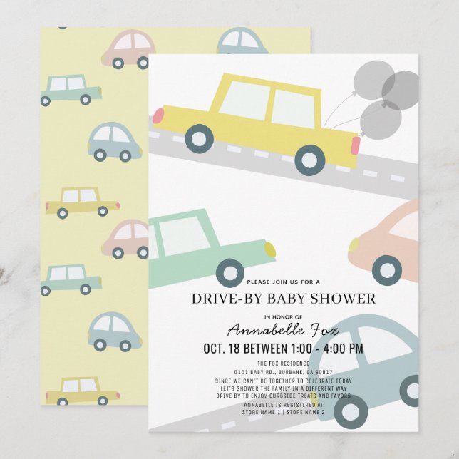 Invitation Voitures avec ballons Jaune Baby shower Drive-by (Devant / Derrière)
