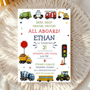 Invitation Voitures Camions Construction Anniversaire