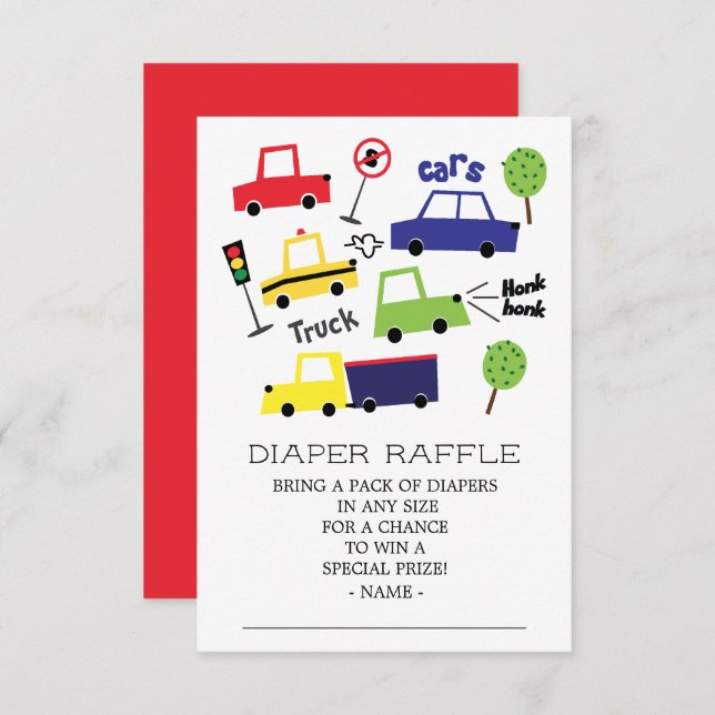 Invitation Voitures Camions Garçon Baby shower Déchets Raffle (Devant / Derrière)