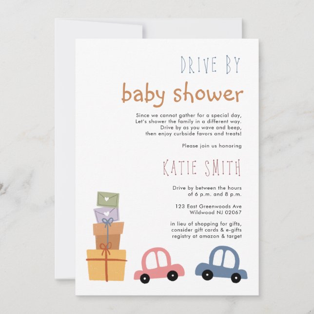 Invitation Voitures et cadeaux chics Drive par Baby shower (Devant)