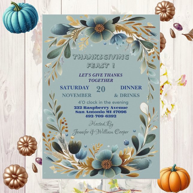 Invitation Volage botanique vert Fête d'action de grâces d'au (Green Botanical Foliage Autumn Thanksgiving Feast Invitation)