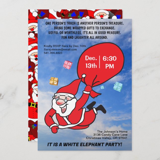 Invitation Voler Père Noël Blue Sky White Elephant Party (Devant / Derrière)