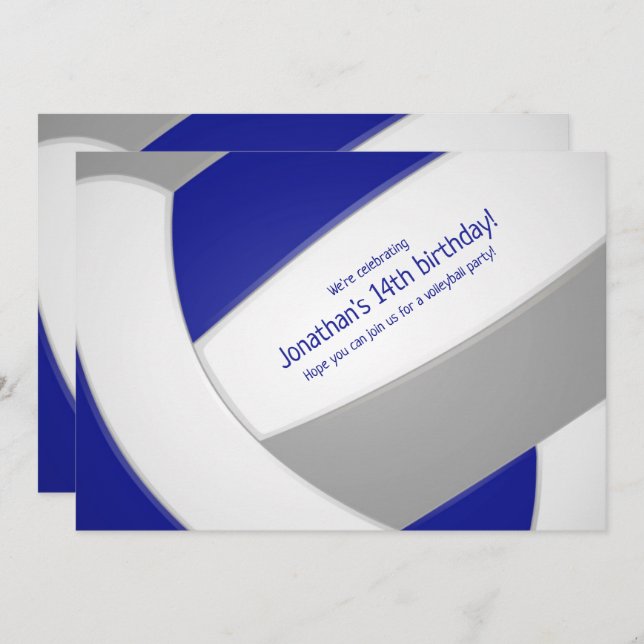 Invitation volley-ball gris bleu garçons filles fête d'annive (Devant / Derrière)