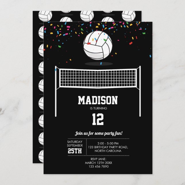 Invitation Volleyball Ball & Net Black Anniversaire Party (Devant / Derrière)