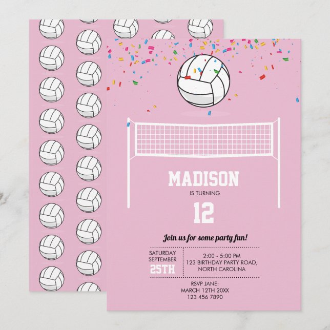 Invitation Volleyball Ball & Net Rose Girl Anniversaire (Devant / Derrière)