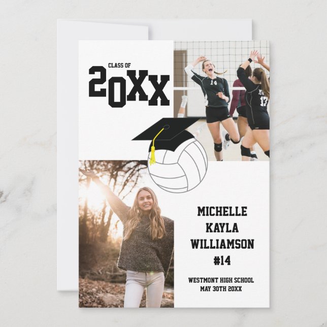 Invitation Volleyball Graduation Sports Noir & Blanc (Devant)